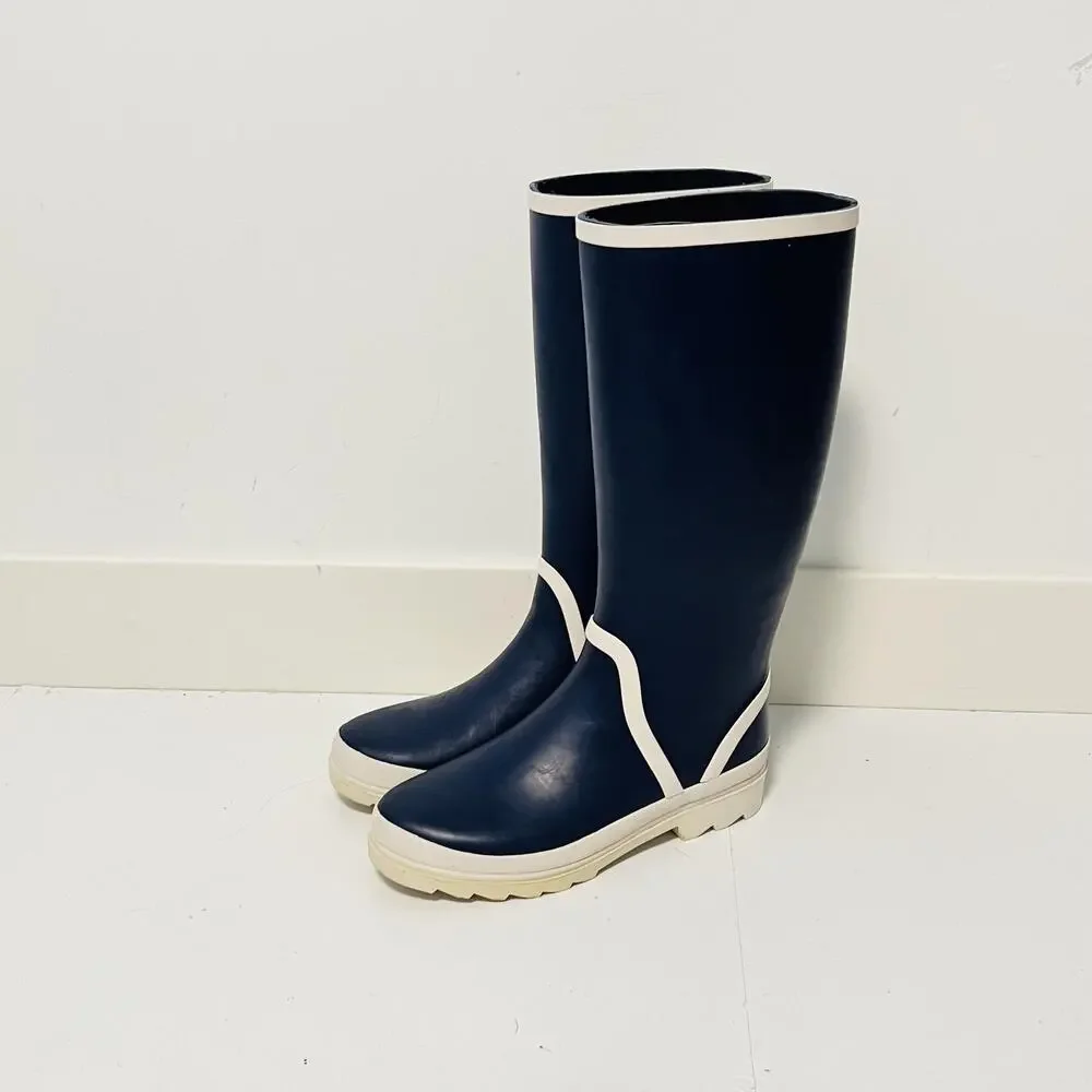 J.Crew Rain Boots Womens Size 7 Blue Rubber Knee High Pull On Waterproof BA185